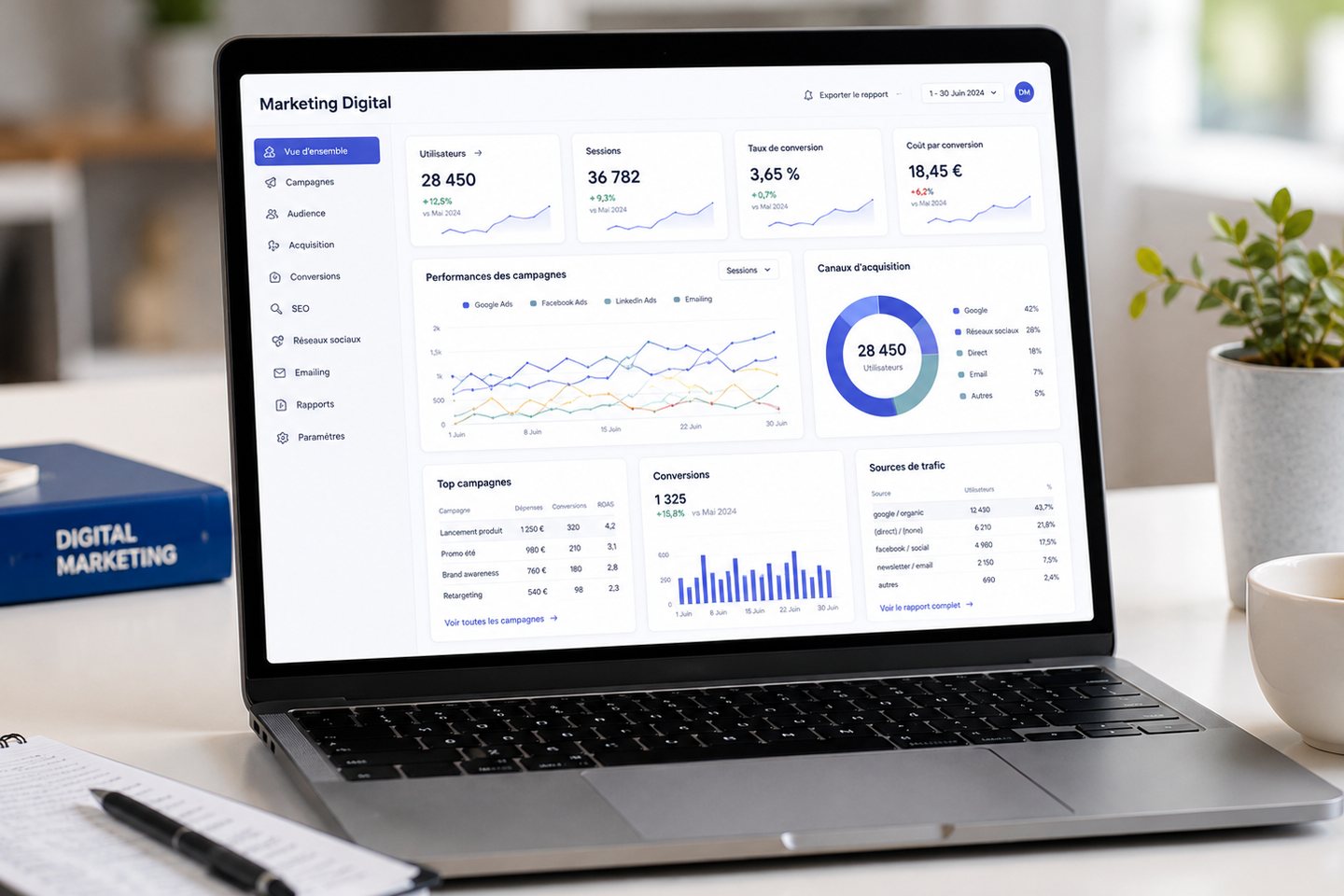 Tableau marketing illustrant le suivi des prospects et des sources.
