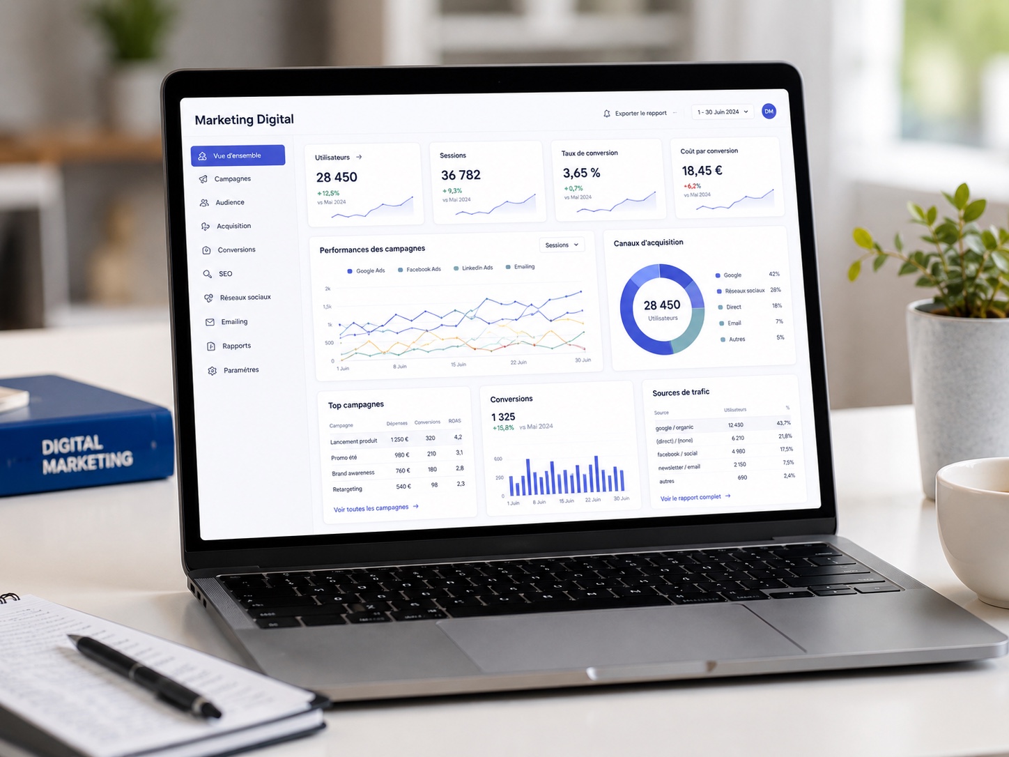 Tableau de suivi SEO réunissant pages, requêtes, preuves et décisions de priorisation